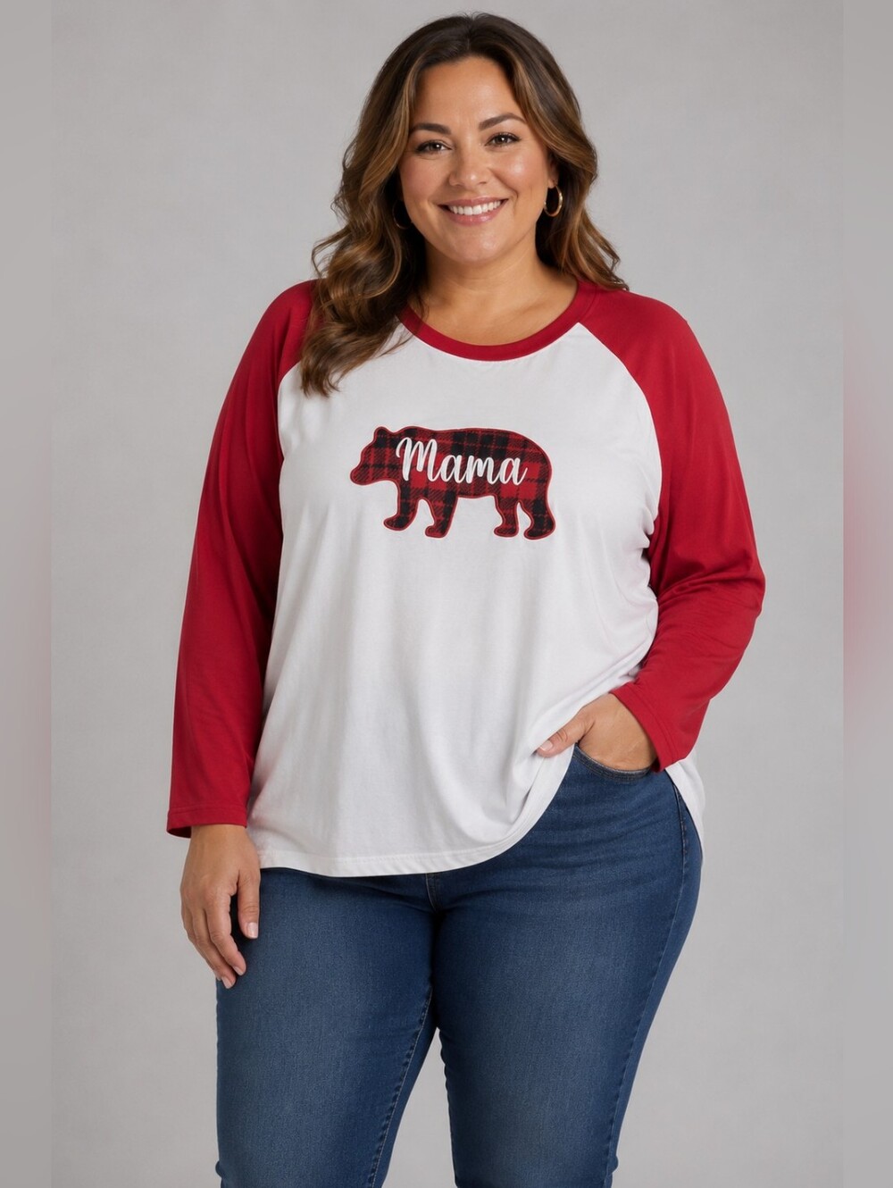 PJ's & Presents Mama Plaid Bear Raglan Tee - Red and White Women's Top 3X